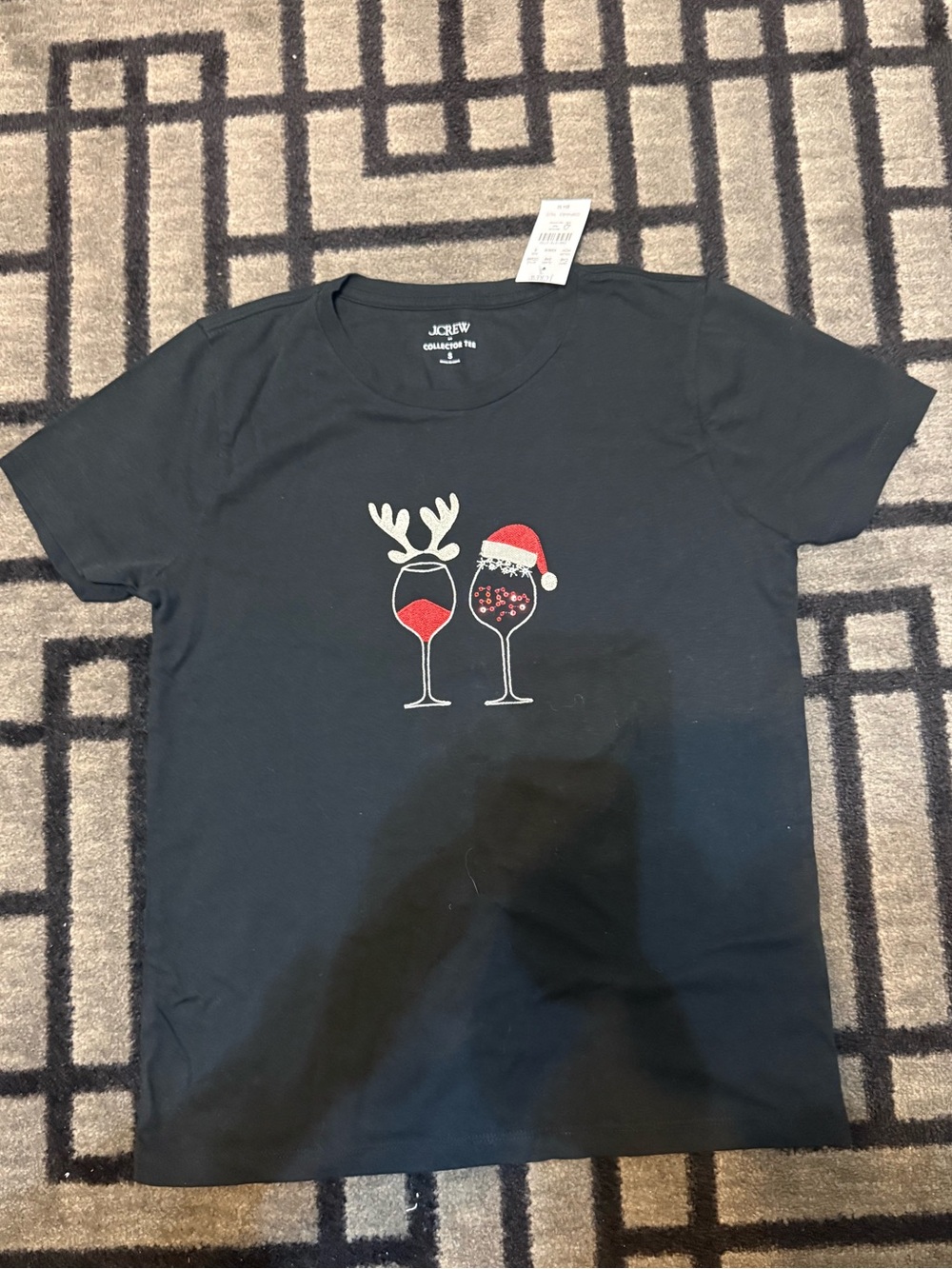 J. Crew Black Holiday Wine Glass Graphic Tee with Red Accents